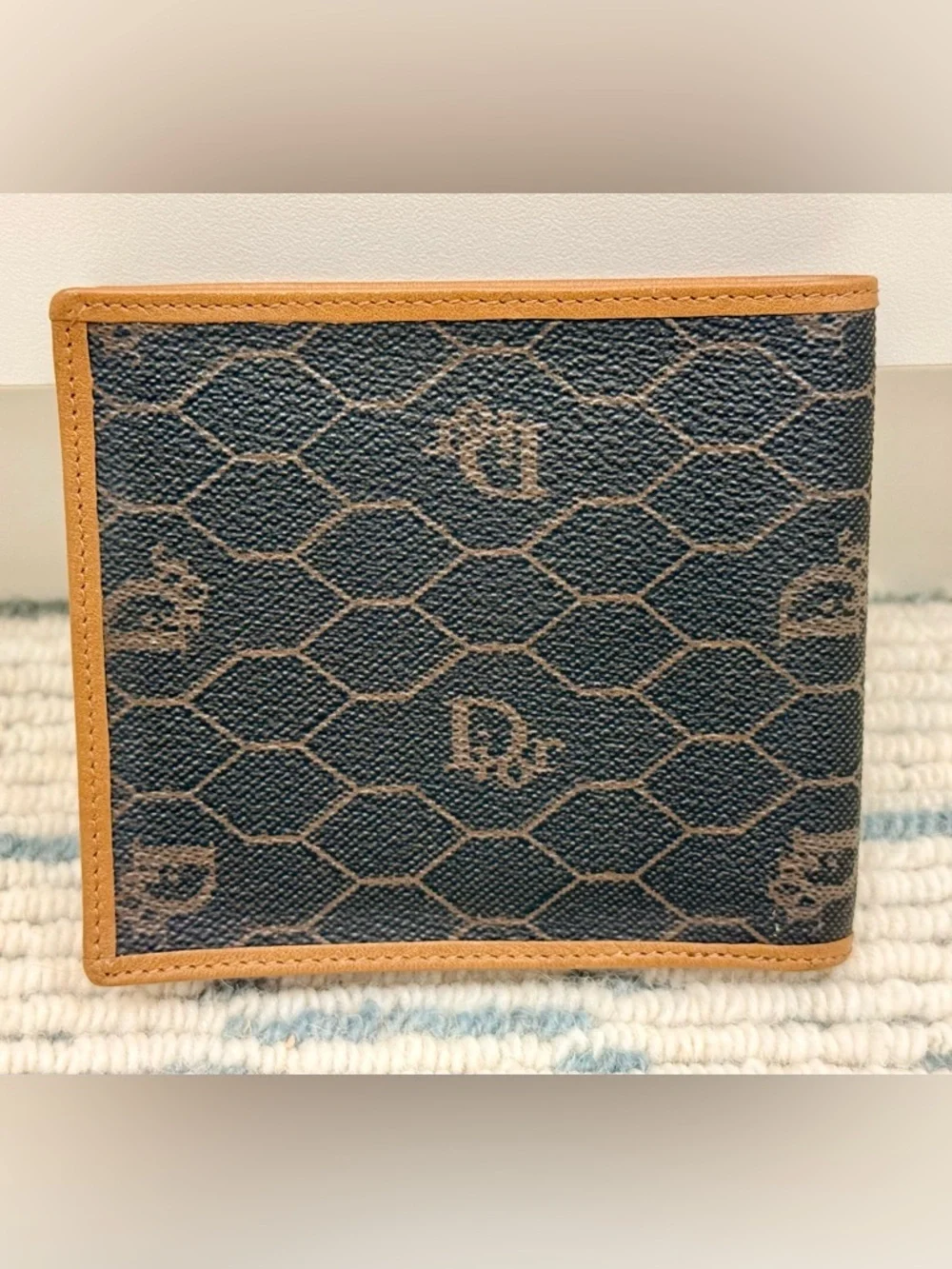 DIOR Vintage Unisex Icon Brown Honeycomb Monogram Canvas Leather Bifold Wallet